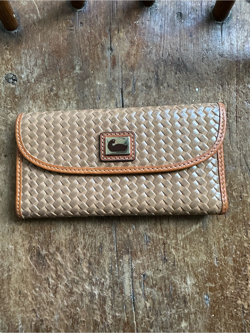 Dooney & Bourke Woven Leather Continental Wallet - Tan and Brown Trim